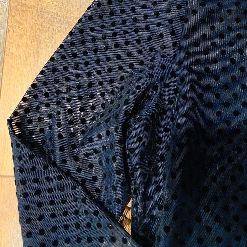 CHICO'S Navy Blue Polka Dot Mesh Sleeve Blouse - Picture 3 of 4